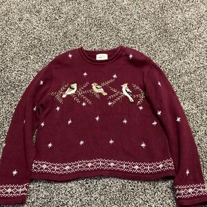 Vintage Christopher and Banks Women's Burgundy Sweater with Birds HandEmbroidere